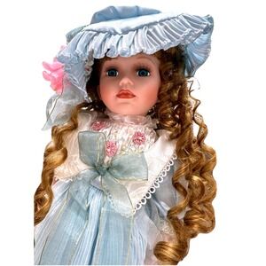 Cathay Collection Porcelain Doll Blue Dress Curly Hair With Box Collectible